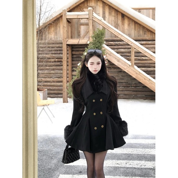 秋冬赫本风收腰显瘦黑色夹棉毛呢外套女名媛气质大衣