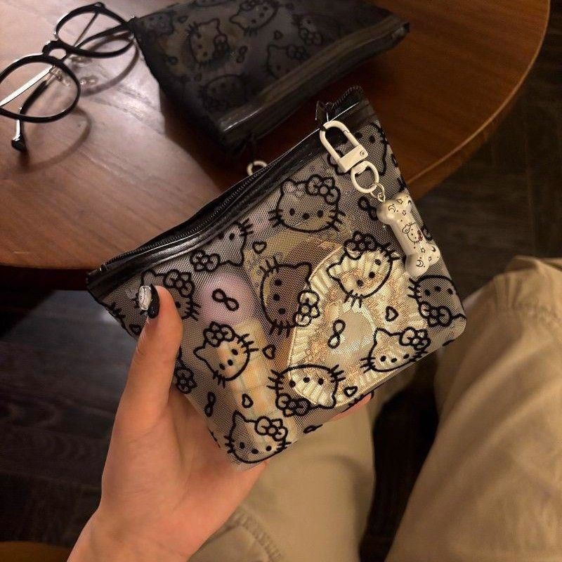 简约可爱网纱Kitty猫补妆包零钱耳机包旅行便携实用大容量零钱包