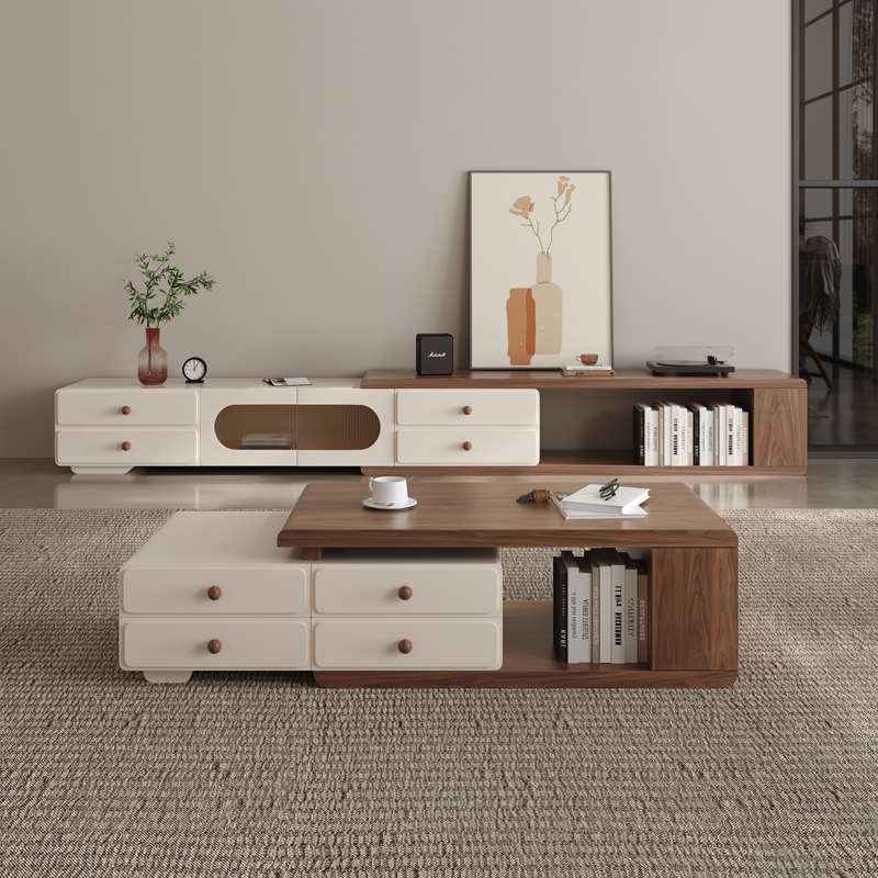 2025新款实木胡桃色中古奶油风长方形拉伸款客厅家用功能泡茶茶几