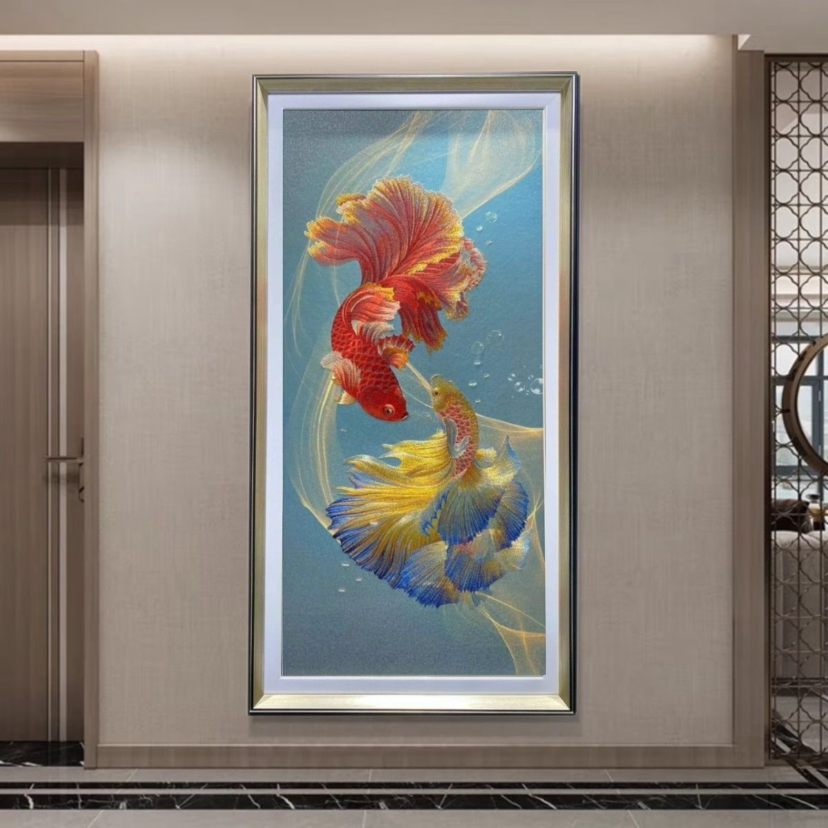 现代轻奢玄关装饰画高档竖版壁画立体实物挂画刺绣画大气苏绣墙画