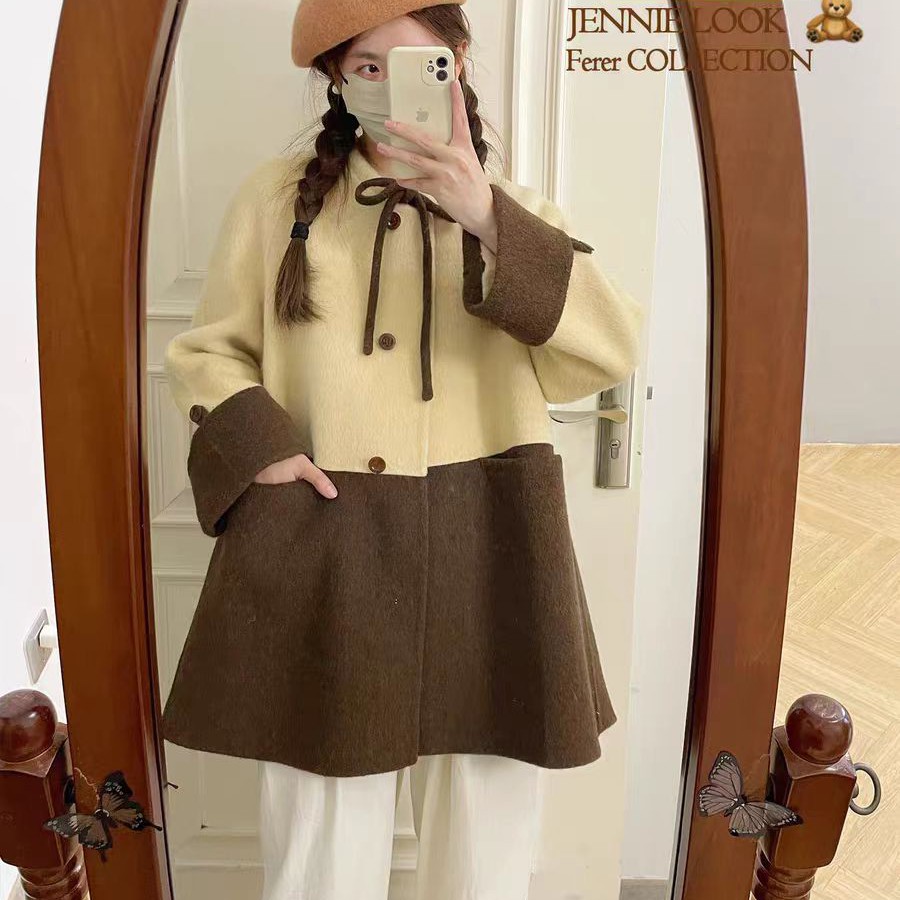 韩版宽松撞色拼接双面羊毛中长款秋冬大衣外套