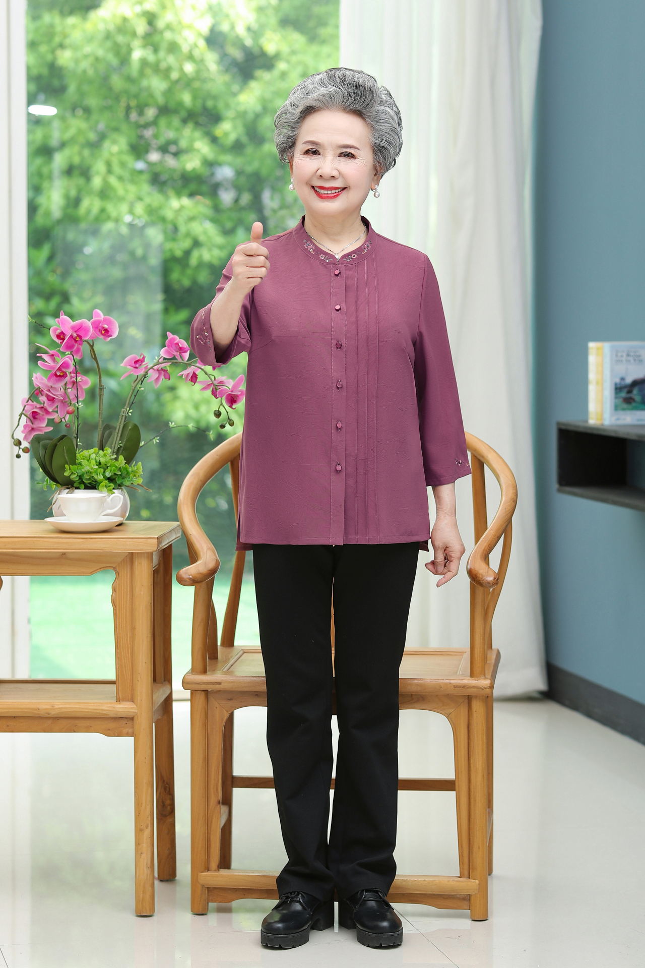 奶奶夏装新衬衫中袖中老年人衬衣女妈妈春秋套装老人衣服宽松中式