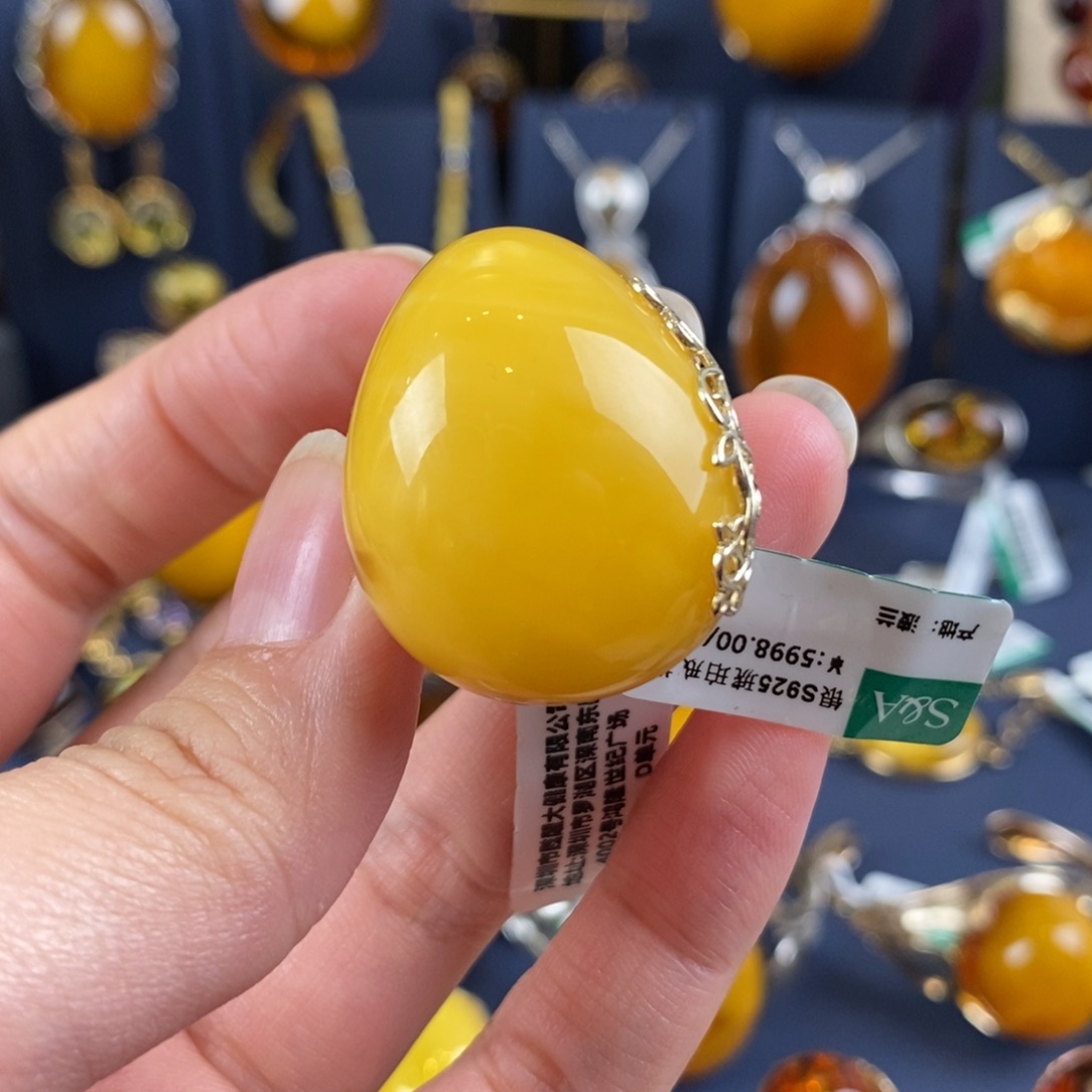 琥珀戒指银S925镀金镶嵌
