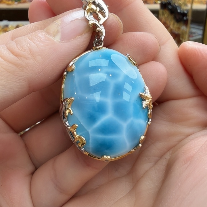 针钠钙石（海纹石）银S925镶嵌颈饰