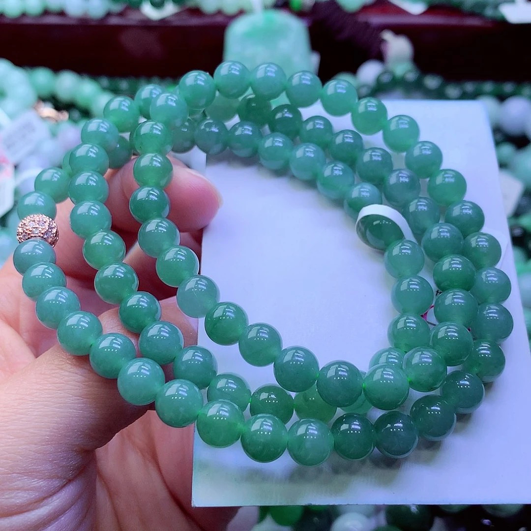 正品天然翡翠A货 老坑冰种湖水绿圆珠项链毛衣链渐变长链卡7➕