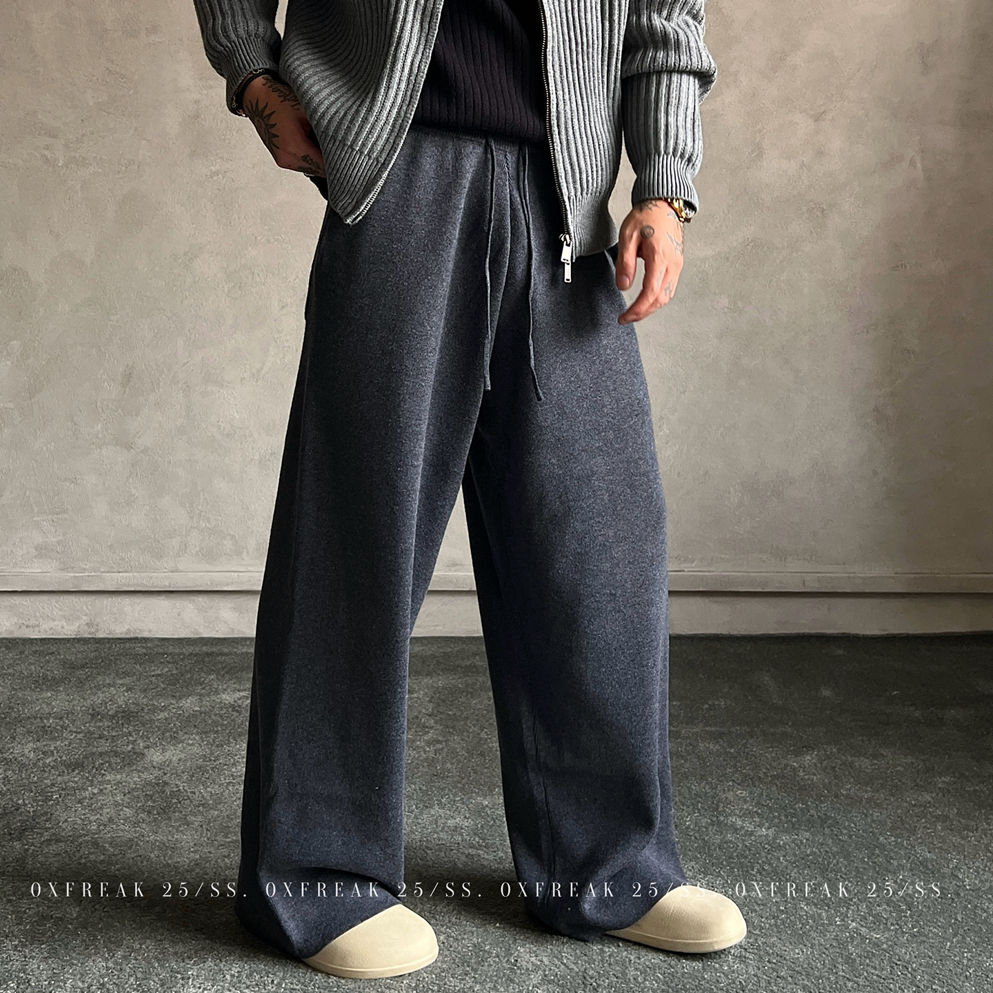 OXFREAK「针织罗纹腰头」羊毛混纺纯色休闲裤男加厚保暖垂感卫裤