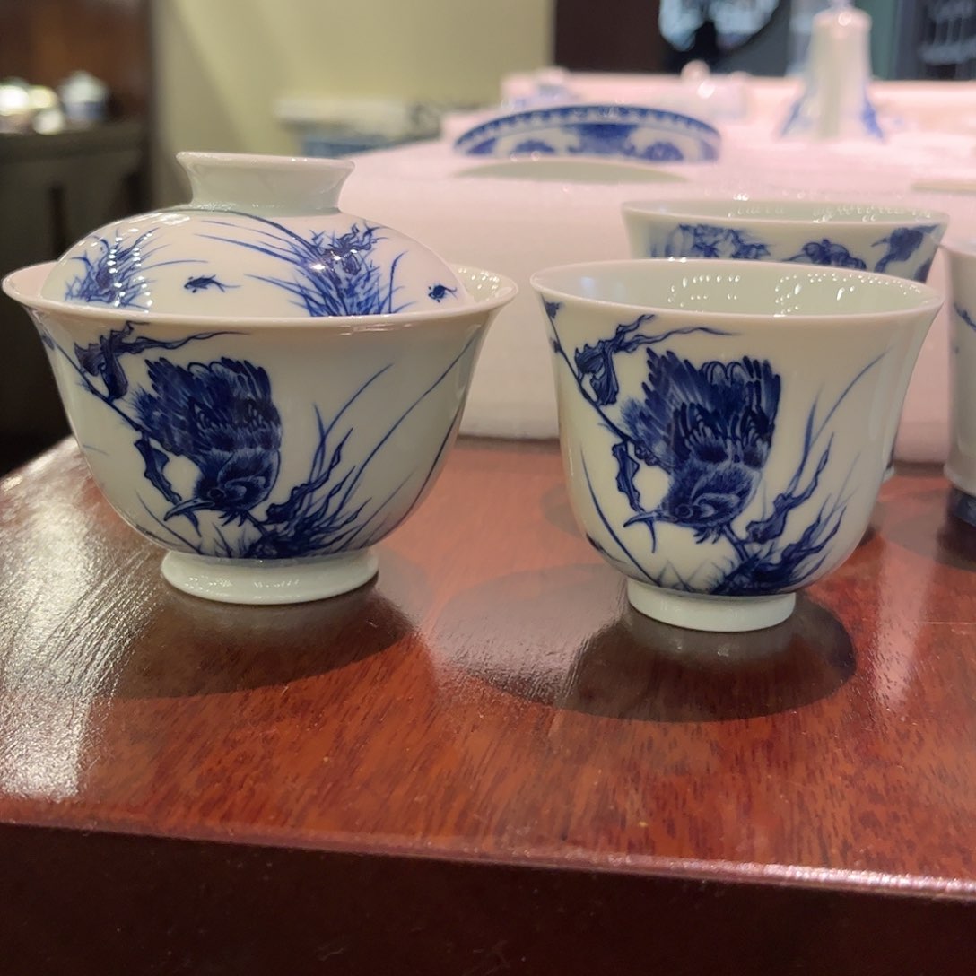 叶*青花单翠鸟一套盖碗杯子