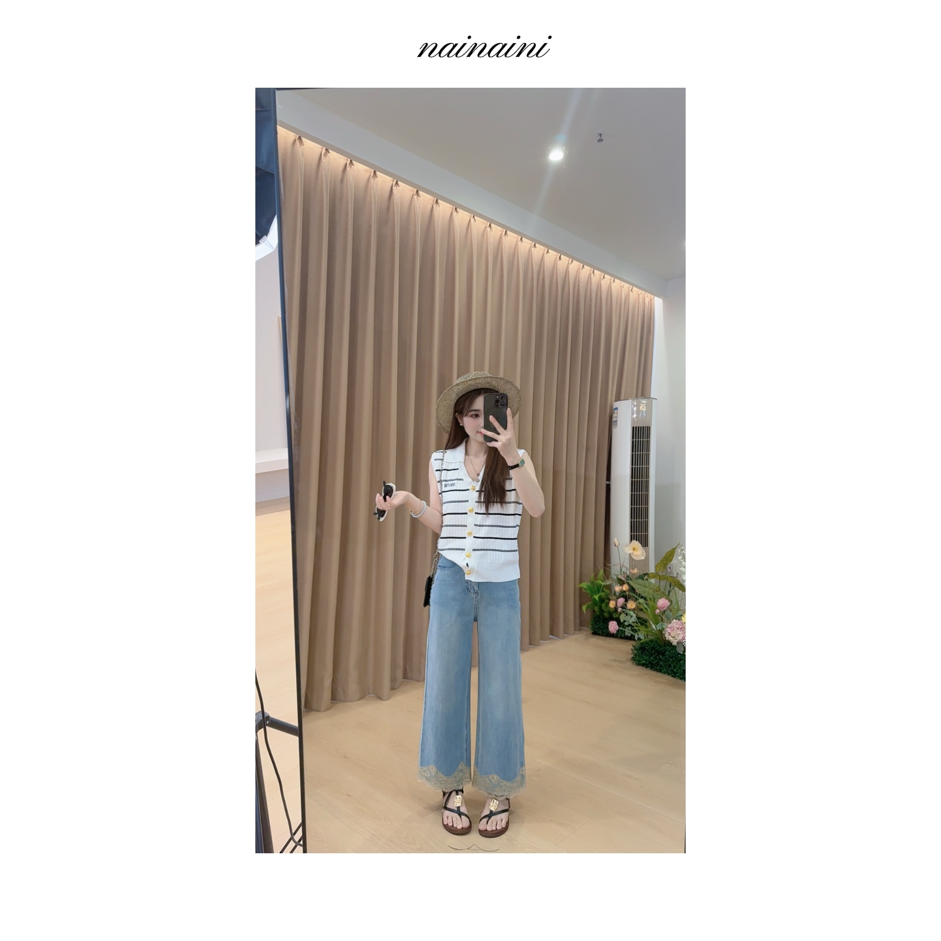 奈奈妮【蕾丝边九分裤】四面弹九分牛仔裤女2025小个子夏季新款9918