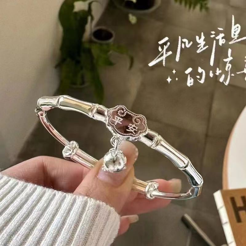 024竹节手镯女平安锁铃铛镯子