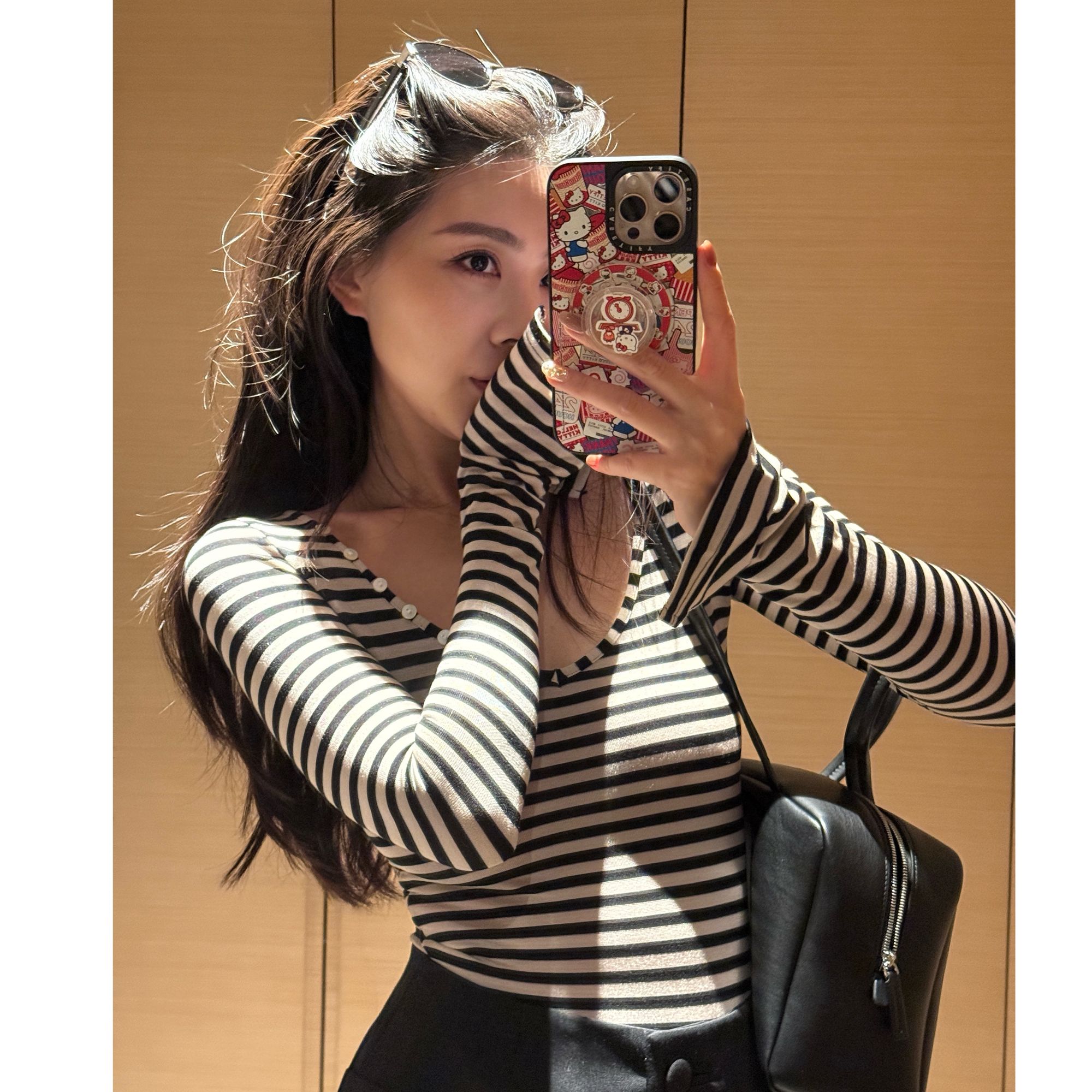 长袖喇叭袖T恤设计感宽松秋冬条纹