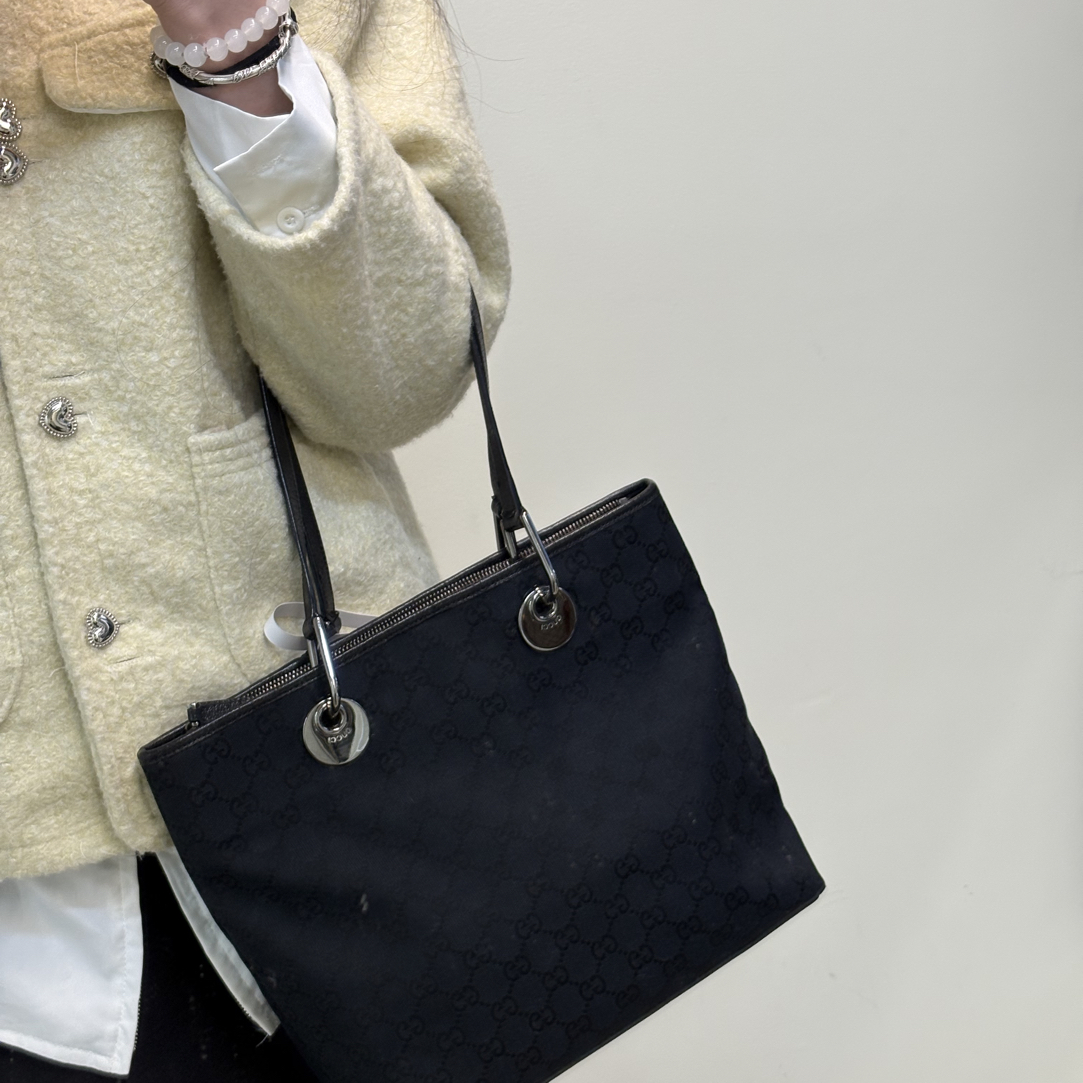 95新 GUCCI/古驰 黑色帆布老印花手提托特