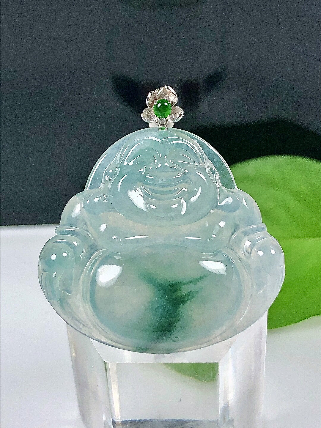 缅甸天然翡翠A货18K金扣镶嵌冰种飘花佛公吊坠冰透高冰种保真挂坠