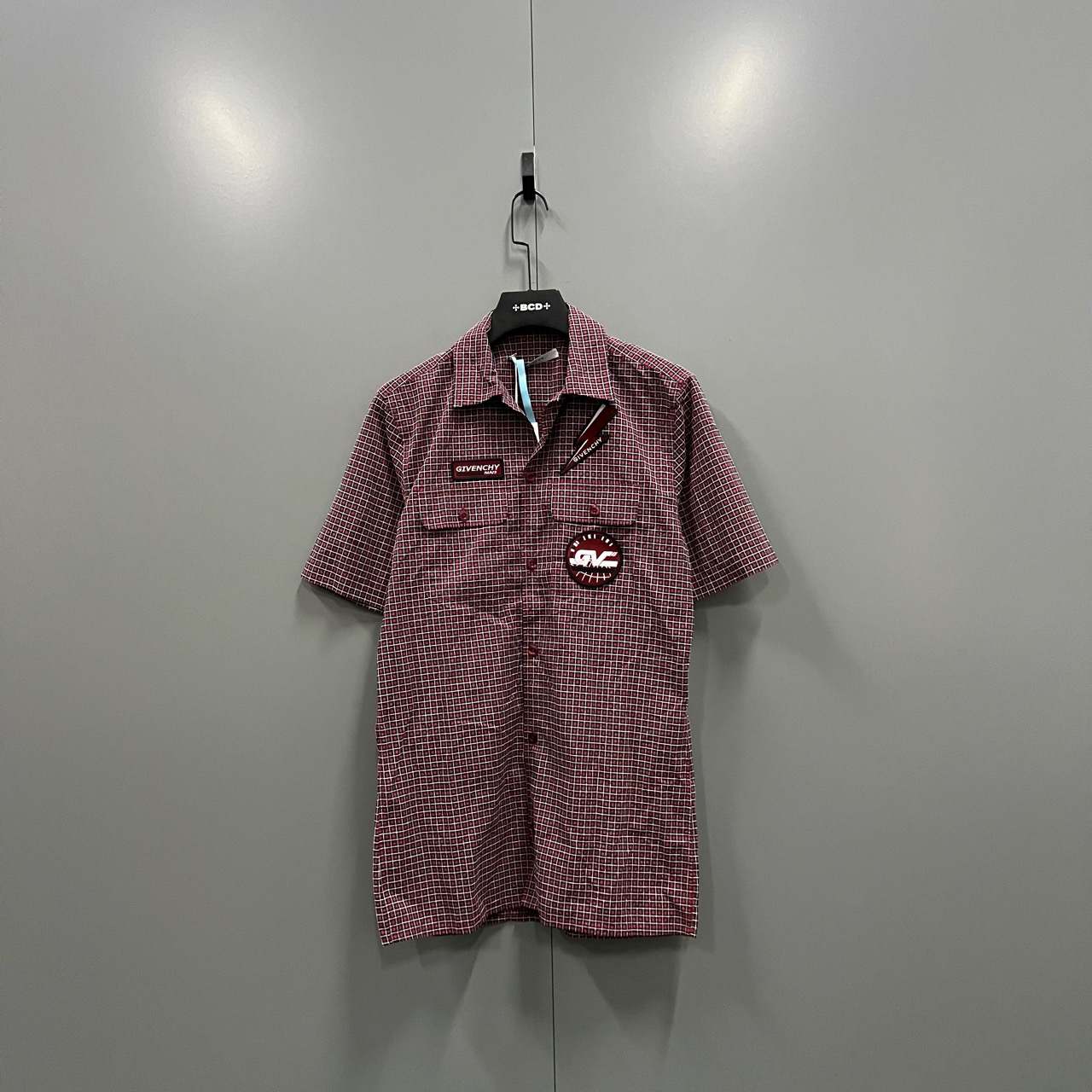 95新 Givenchy/纪梵希 （cc）徽标刺绣logo格纹短袖衬衫39码/203834