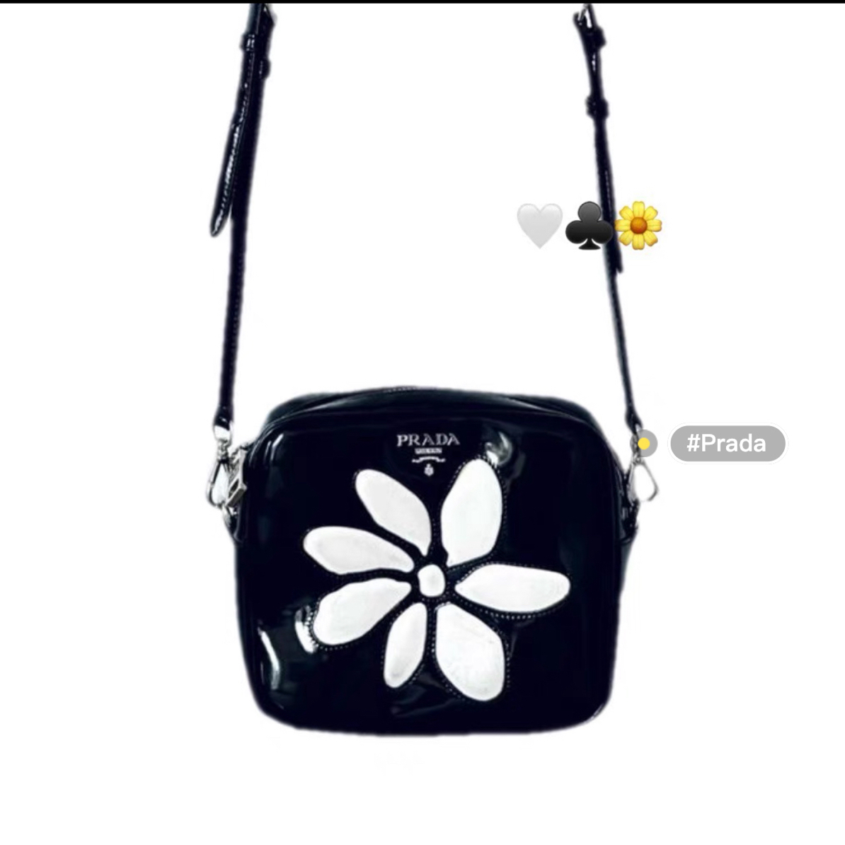 95新 Prada/普拉达 黑银漆皮mini小花包