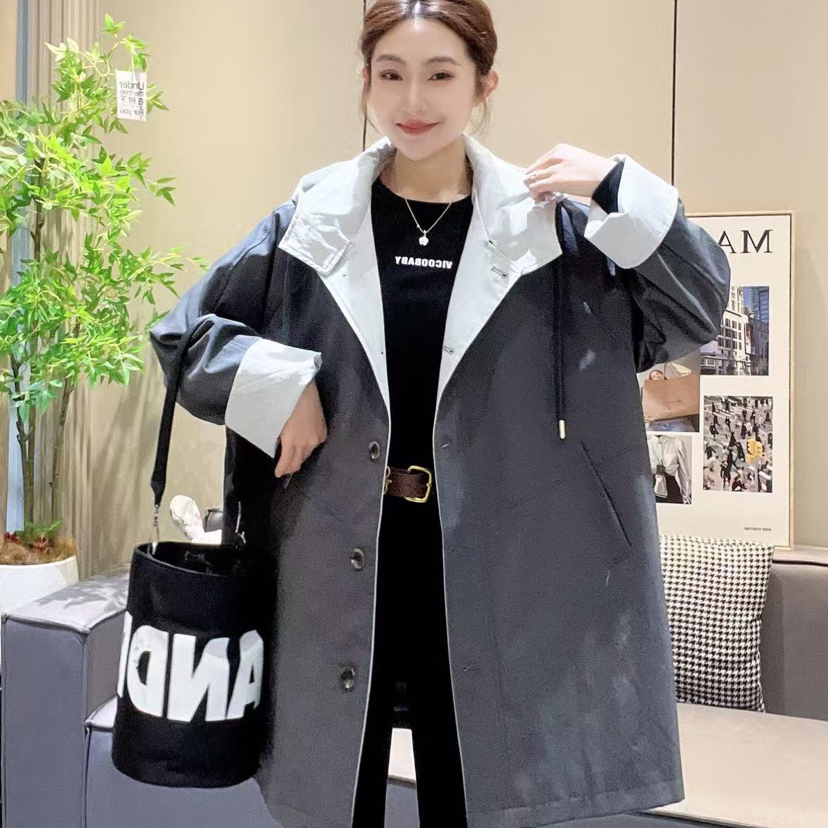 秋季新款连帽宽松撞色中长款休闲风衣外套女款2551