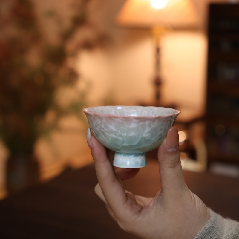 （阿萌茶事）窑变结晶釉渐变青-高足花口杯