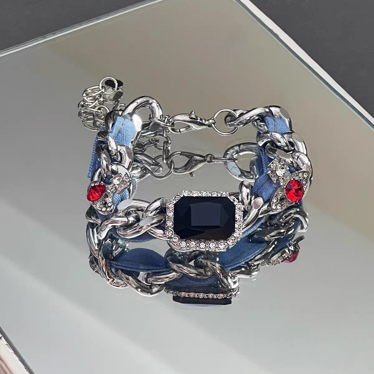 钛钢布艺手链 S0022朋克重工牛仔布土星艺缠绕链条宝石y2k辣妹