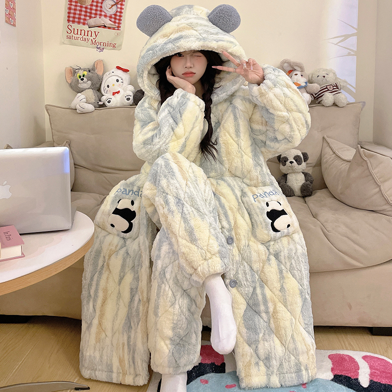 秋冬季珊瑚绒睡衣女款加绒加厚三层夹棉法兰绒长袍保暖家居服套装