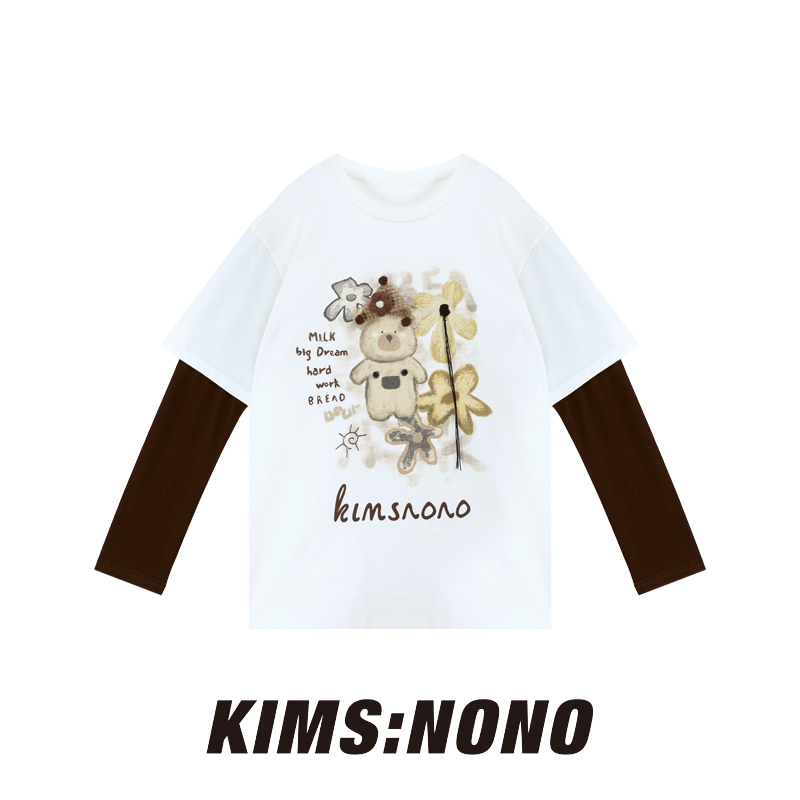 RATX83475秋冬时尚假两件披肩款长袖上衣女卡通立体刺绣T恤