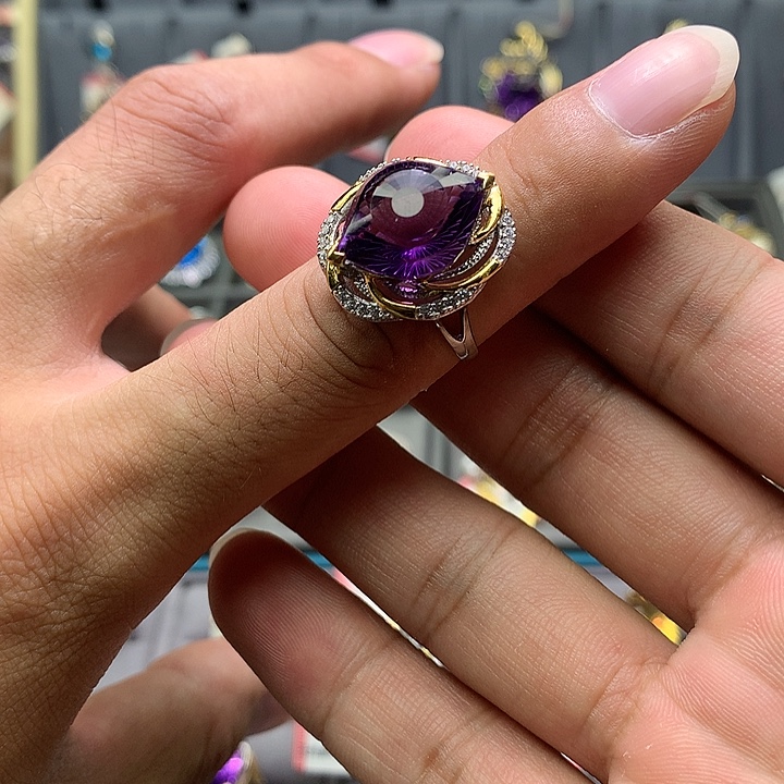 银S925镀金镶嵌戒指水晶