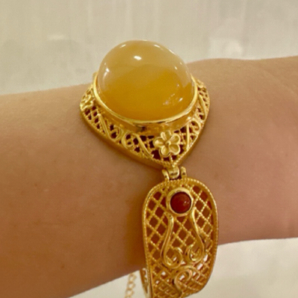 古法银镶 蜜蜡蛋面可调节手镯