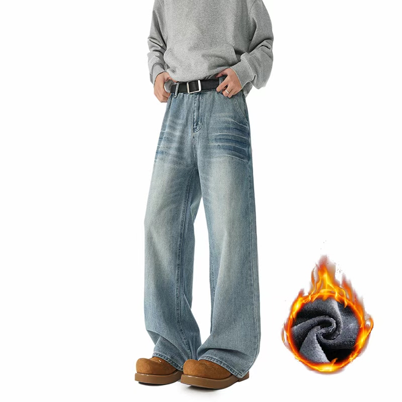 复古美式立体猫须水洗牛仔裤秋季男生高街潮cleanfit宽松直筒长裤