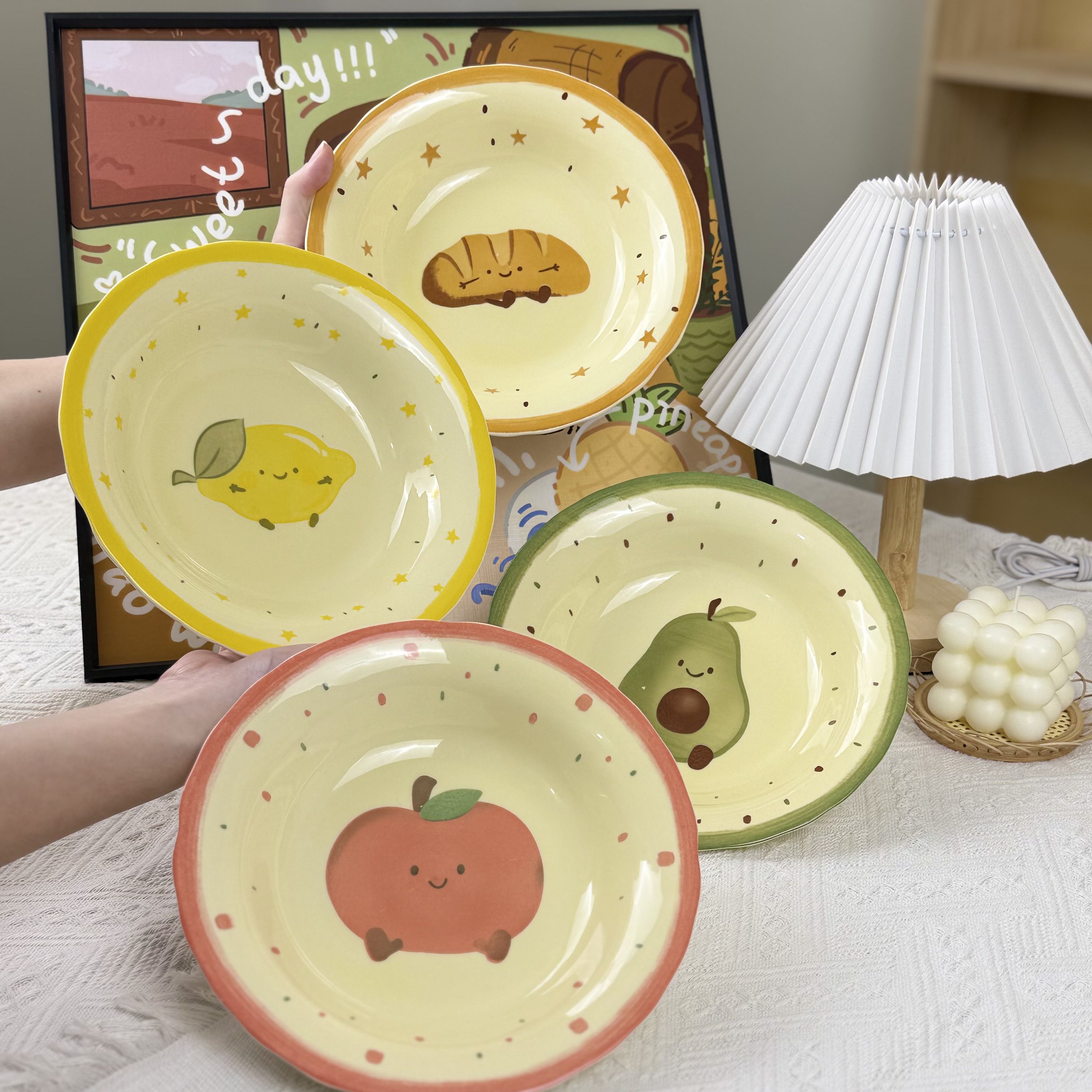 ｛米米专属｝8寸陶瓷盘卡通水果卡通简约圆形可爱INS风釉下彩网红