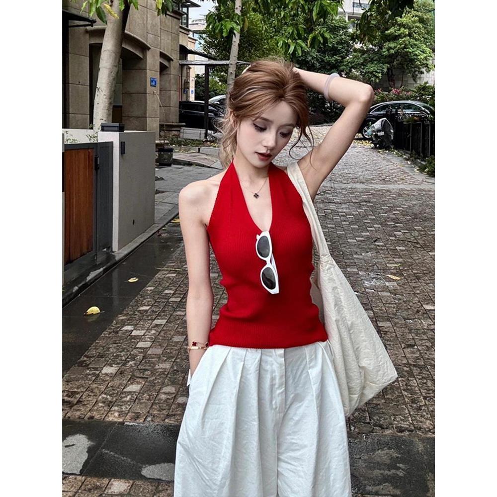 性感美背v领绑带挂脖背心女夏季修身辣妹外穿设计感短款红色上衣