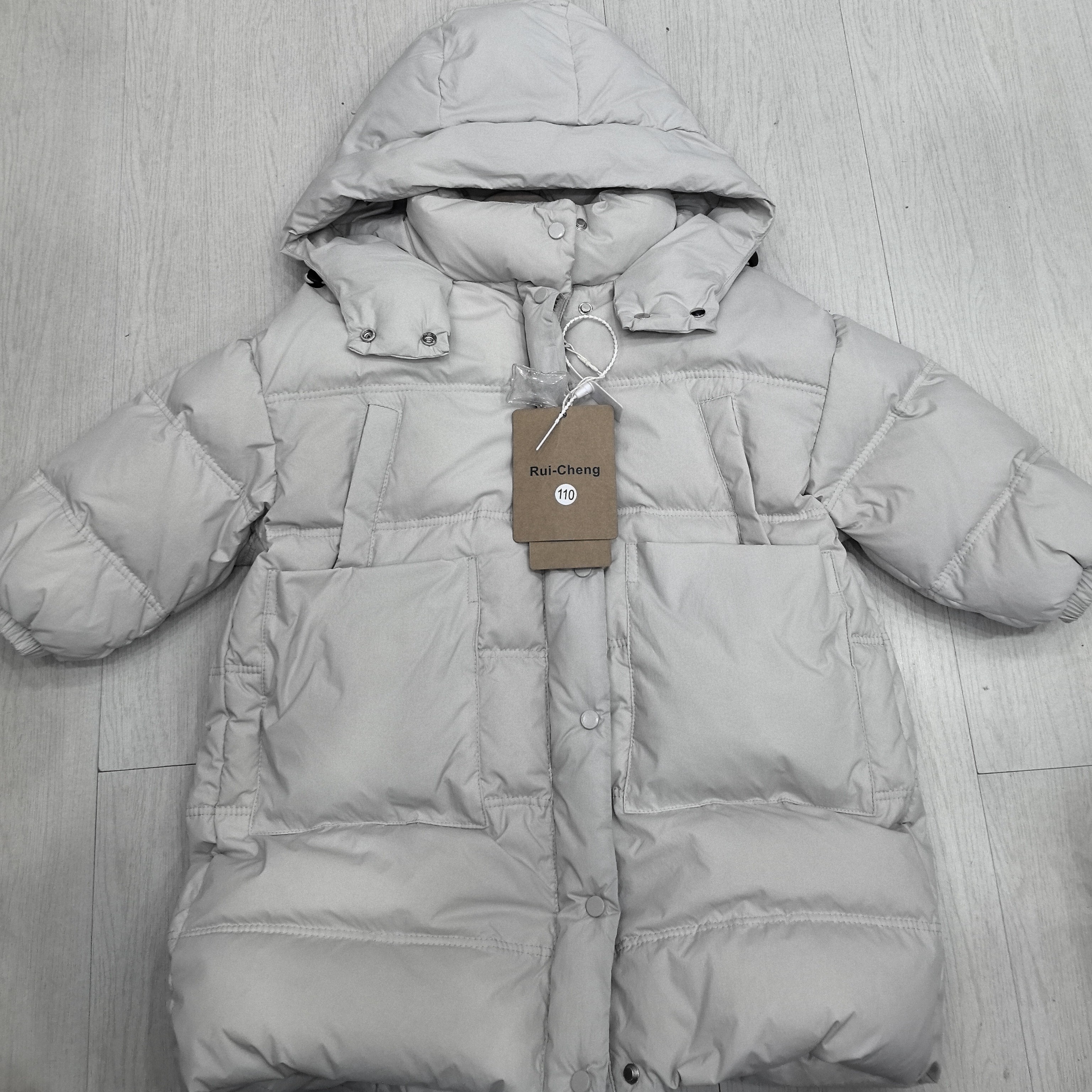 白鸭绒新款冬季石灰色男女童加厚保暖连帽长款过膝盖韩版外套