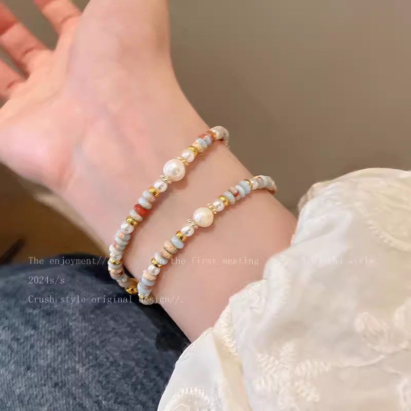 不锈钢仿珍珠手链 仿天然寿山石珍珠手链女轻奢小众精致手串高级