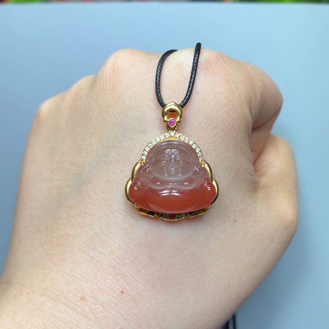 南红玛瑙冰飘佛公18K金镶嵌