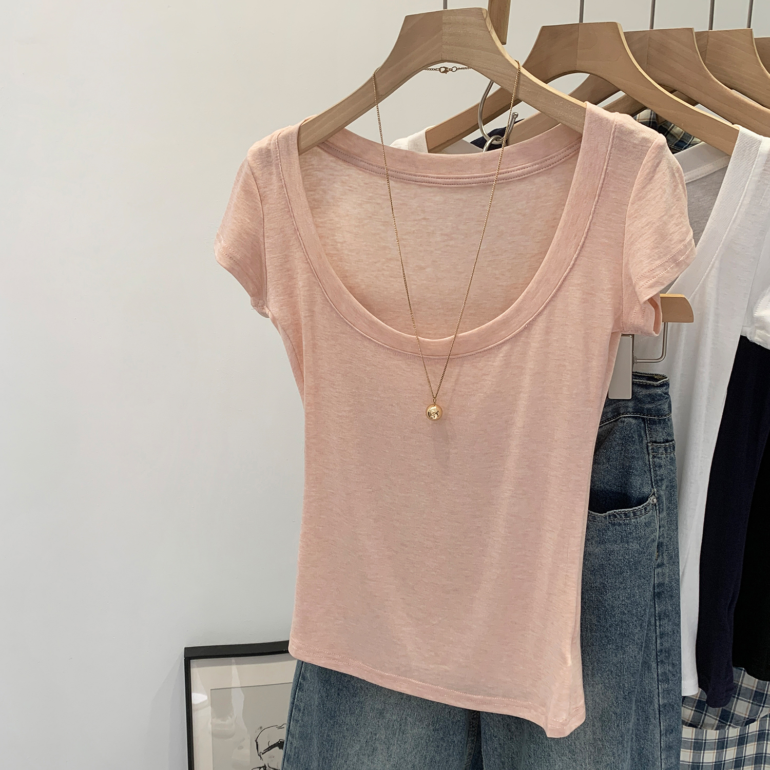 【部分现】U领正肩羊毛T恤女2025夏新款独特减龄绝美上衣250428