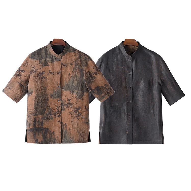 99358 男士立领短袖衬衫 桑蚕丝龟裂纹香云纱男装新中式复古衬衣