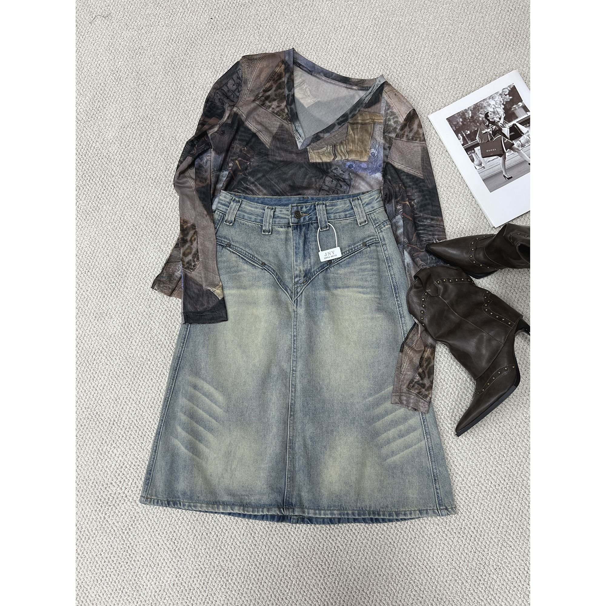 废土风中长款牛仔半身裙8909（清）