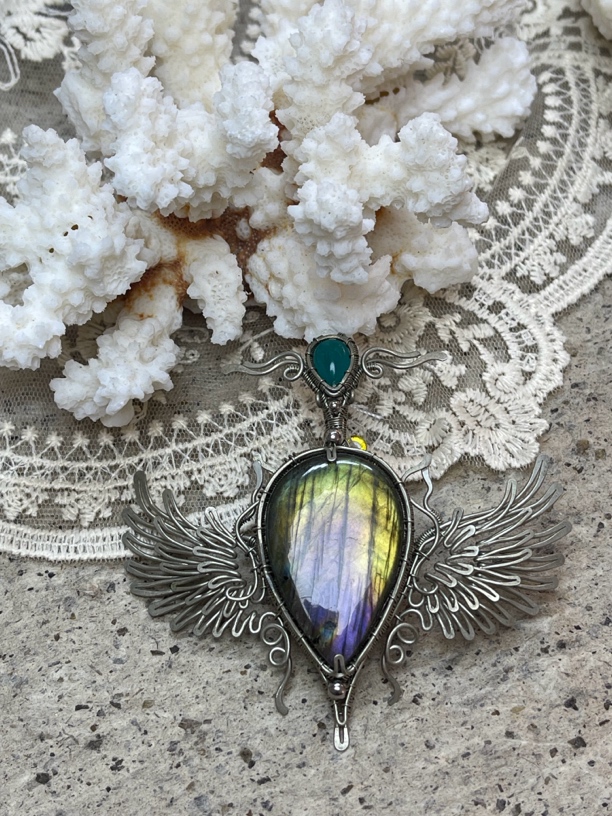 月光石/天河石/长石（处理）纯手工绕线白铜翅膀吊坠重工 204