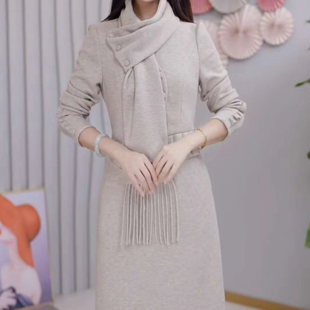 A0940新款秋冬季法式收腰显瘦气质围巾款长袖连衣裙