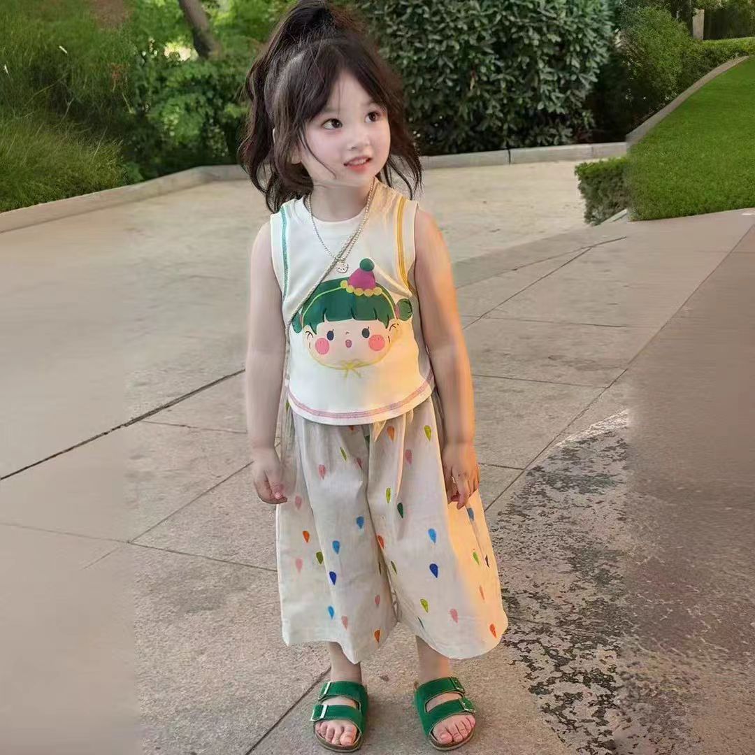 韩系女童套装2025夏季新款儿童卡通小女孩背心雨滴阔腿裤两件套