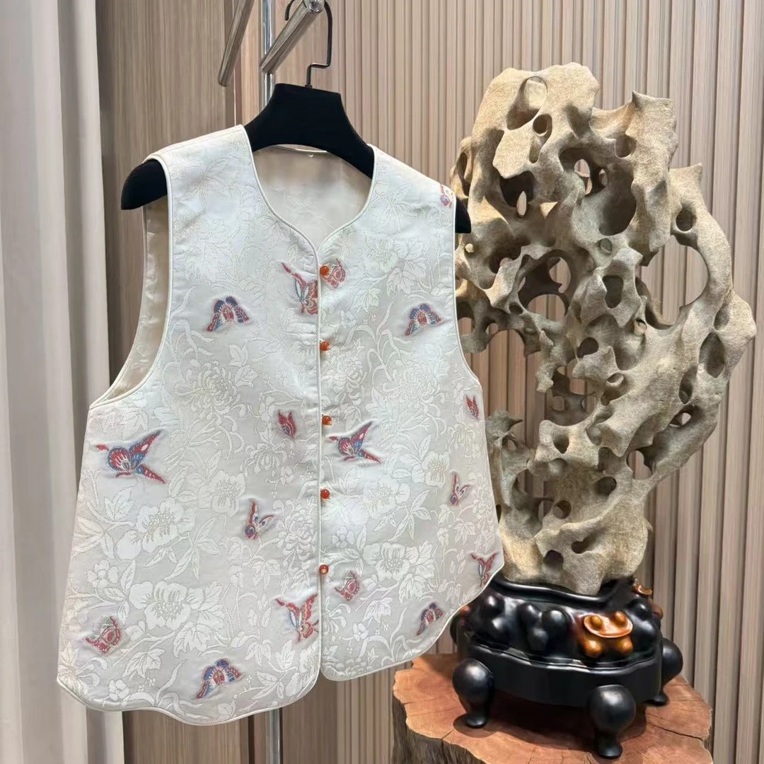 H优雅风女蝴蝶提花圆领背心式马夹时尚印花无袖绣花