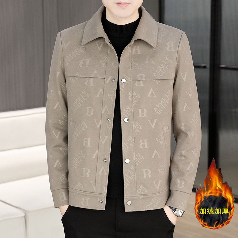 米咖顿男士2025新款冬季加绒翻领纽扣印花字母时尚简约休闲外套