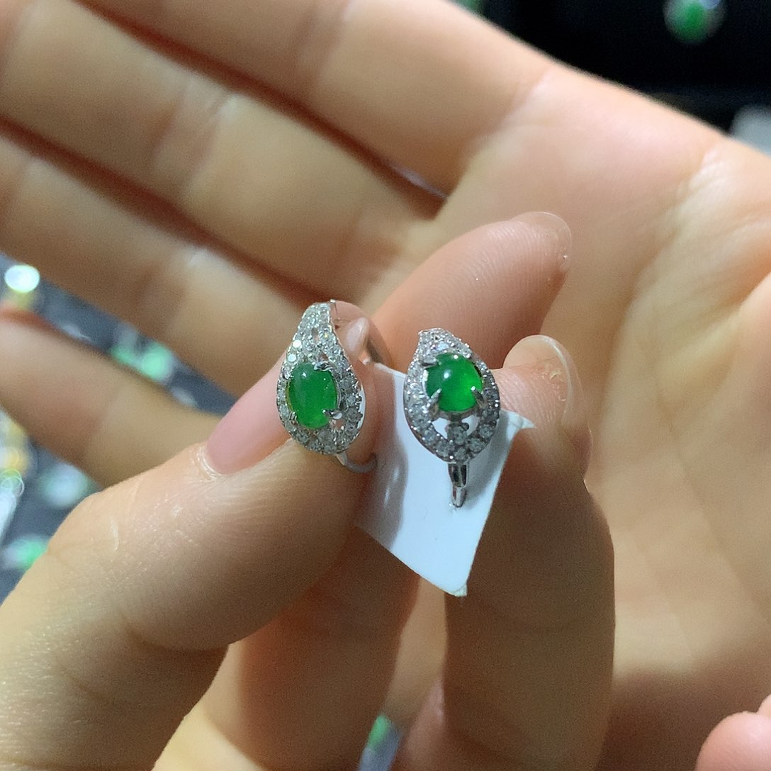 翡翠戒指银S925镶嵌耳钉