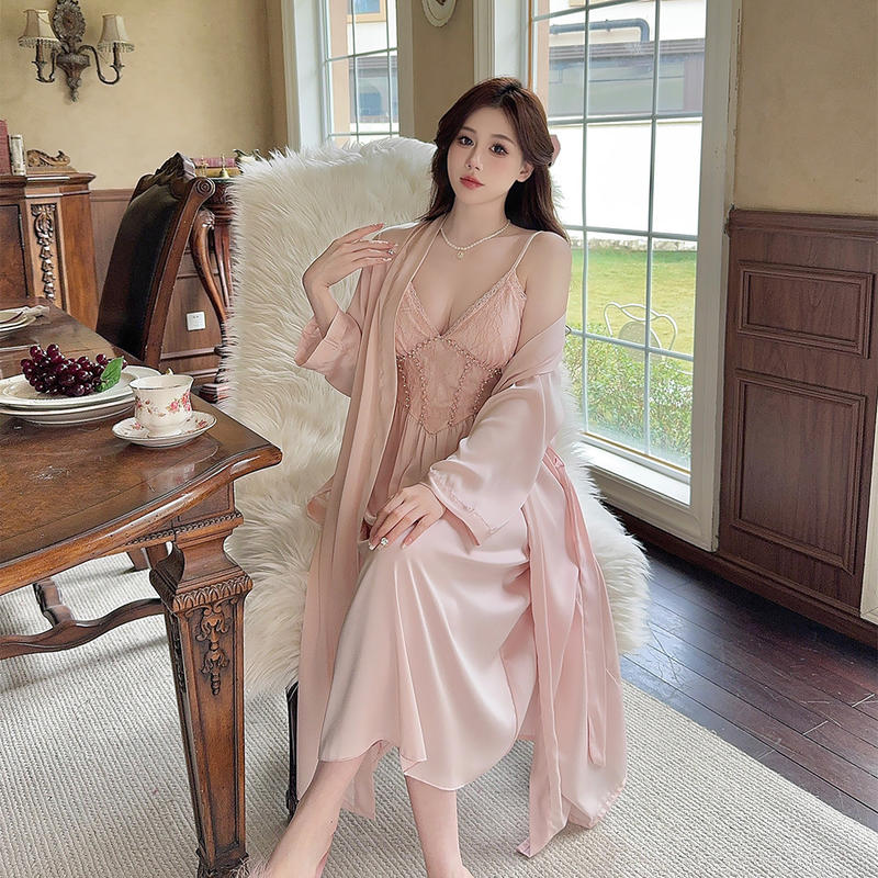 睡衣女春秋款冰丝长袖吊带睡裙睡袍套装带胸垫网红大码显瘦家居服