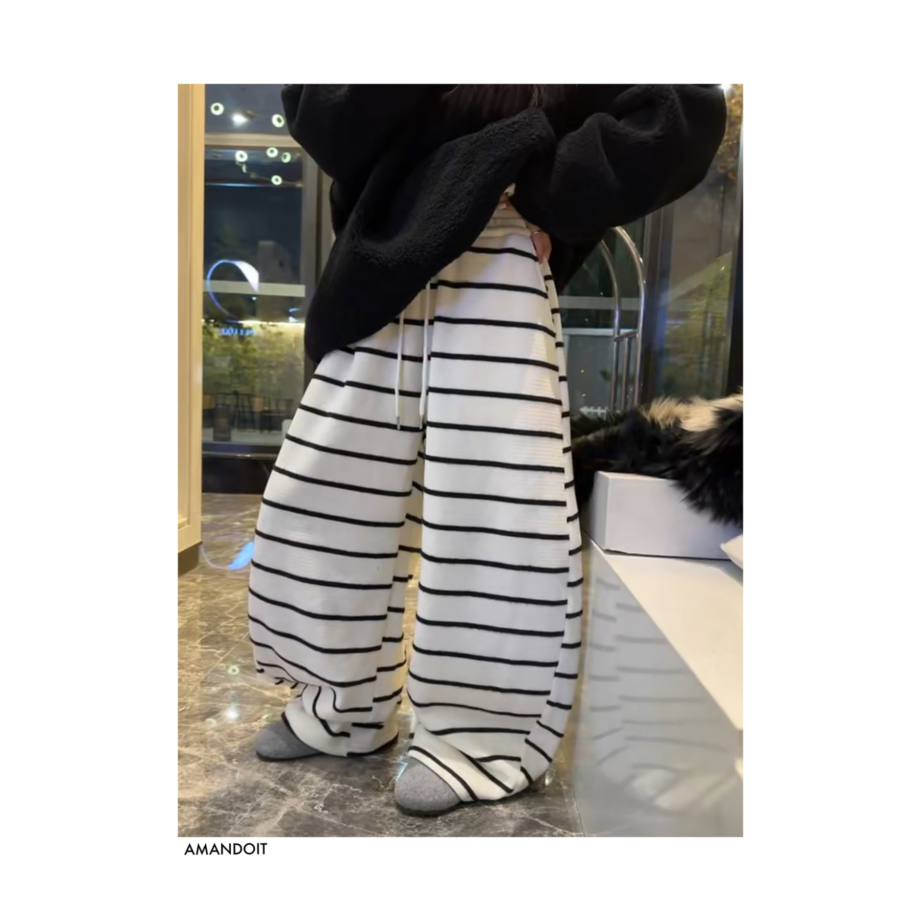 4790丨潮牌加绒宽松条纹阔腿休闲裤