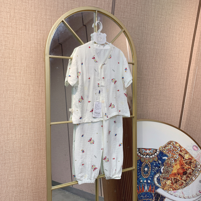 AC304  宝宝白色呼吸棉短袖九分裤空调服套装   夏季