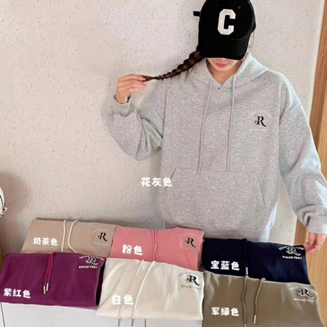 秋冬常规粉色连帽长袖紫红刺绣百搭宽松卫衣时尚拼接
