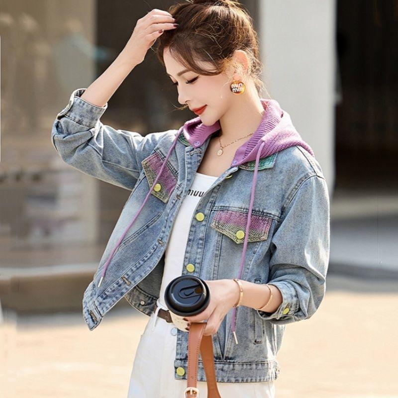 撞色针织连帽牛仔外套女欧洲站2025秋季新款韩版气质百搭显瘦夹克