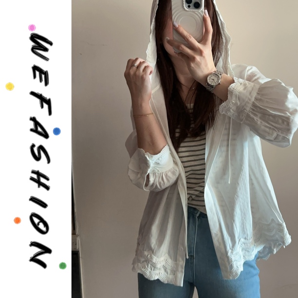 【WE】设计感蕾丝边竖暗条纹连帽防晒衬衫