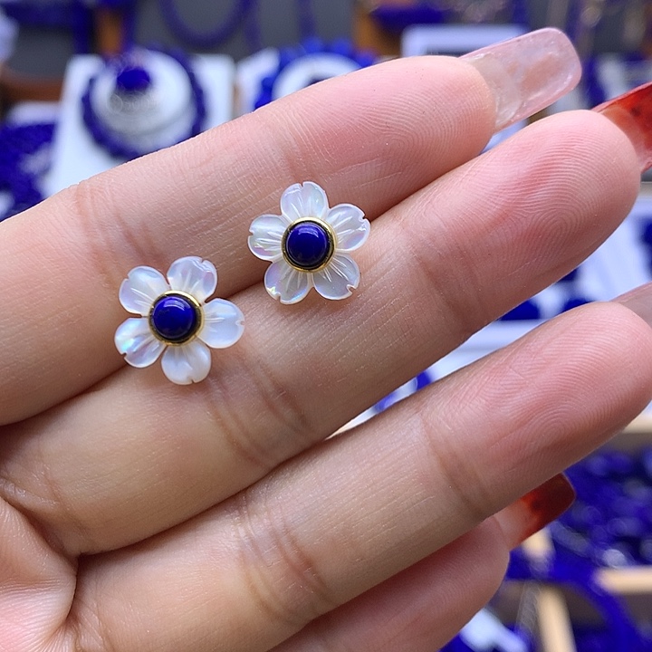 青金石耳钉银S925镀金镶嵌