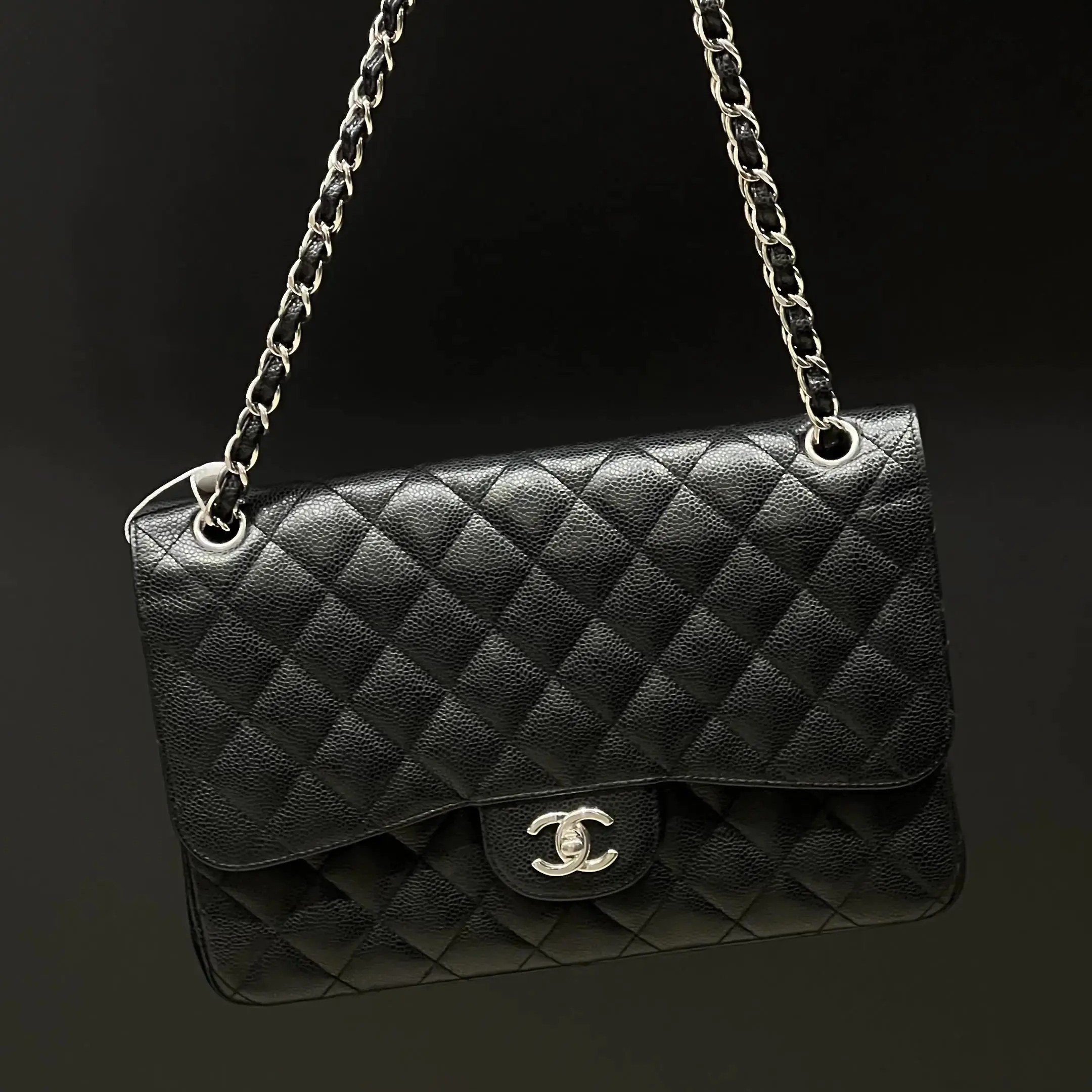 99新 Chanel/香奈儿 8009 黑银荔枝牛jumbo单肩包16-17