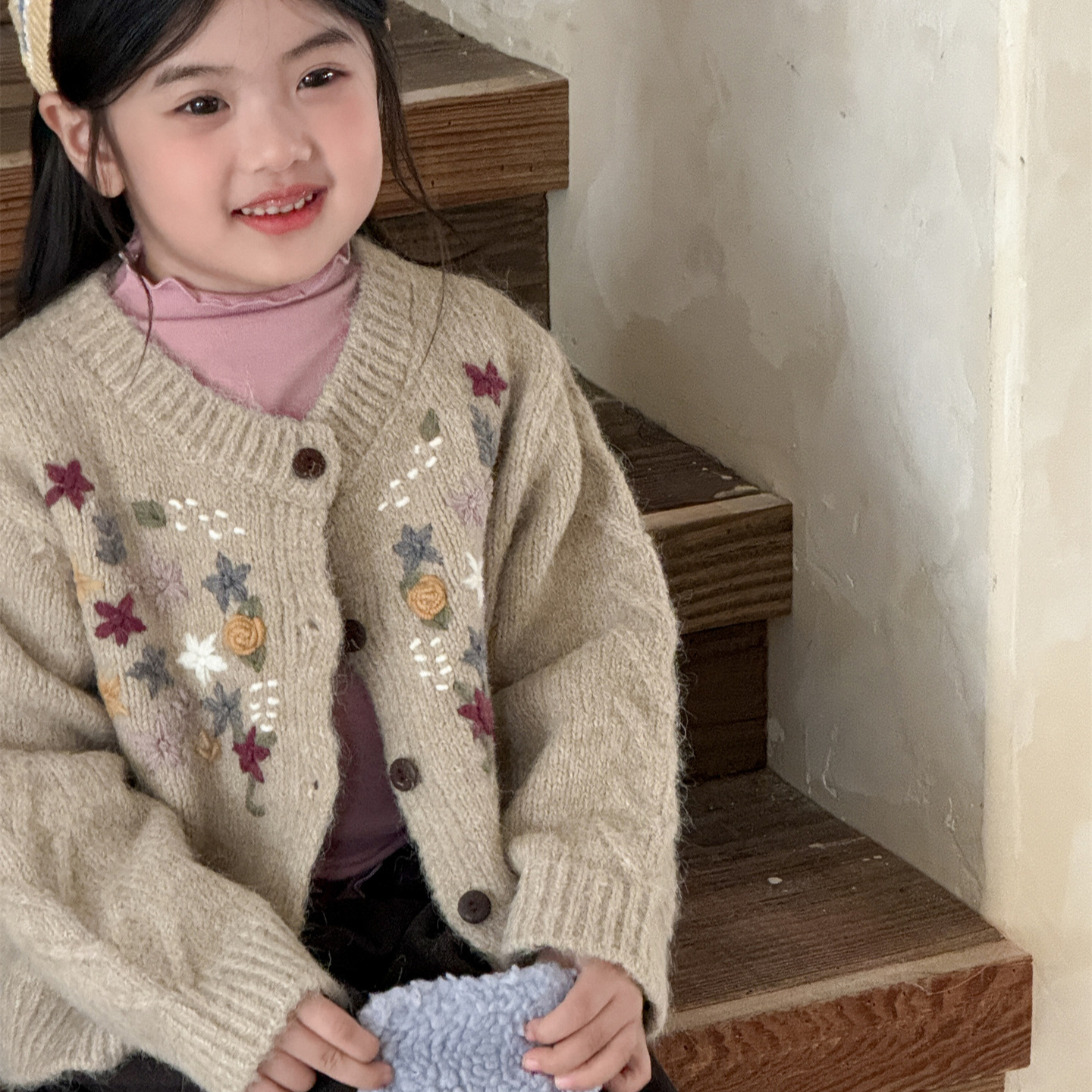 H-Beibei 秋季韩版女童手工钩花毛衣针织开衫