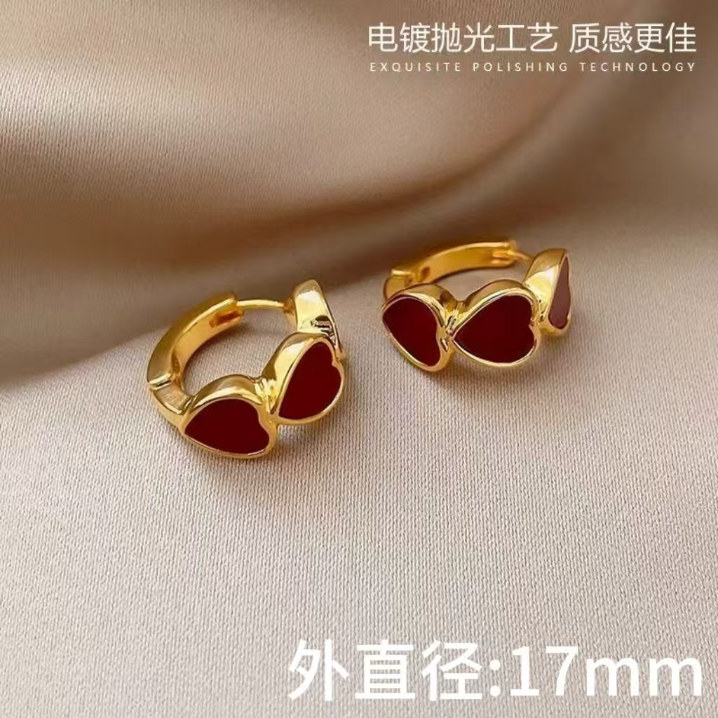 黄铜耳饰 气质个性浅金耳圈法式耳环爱心红色喜庆耳饰女红色